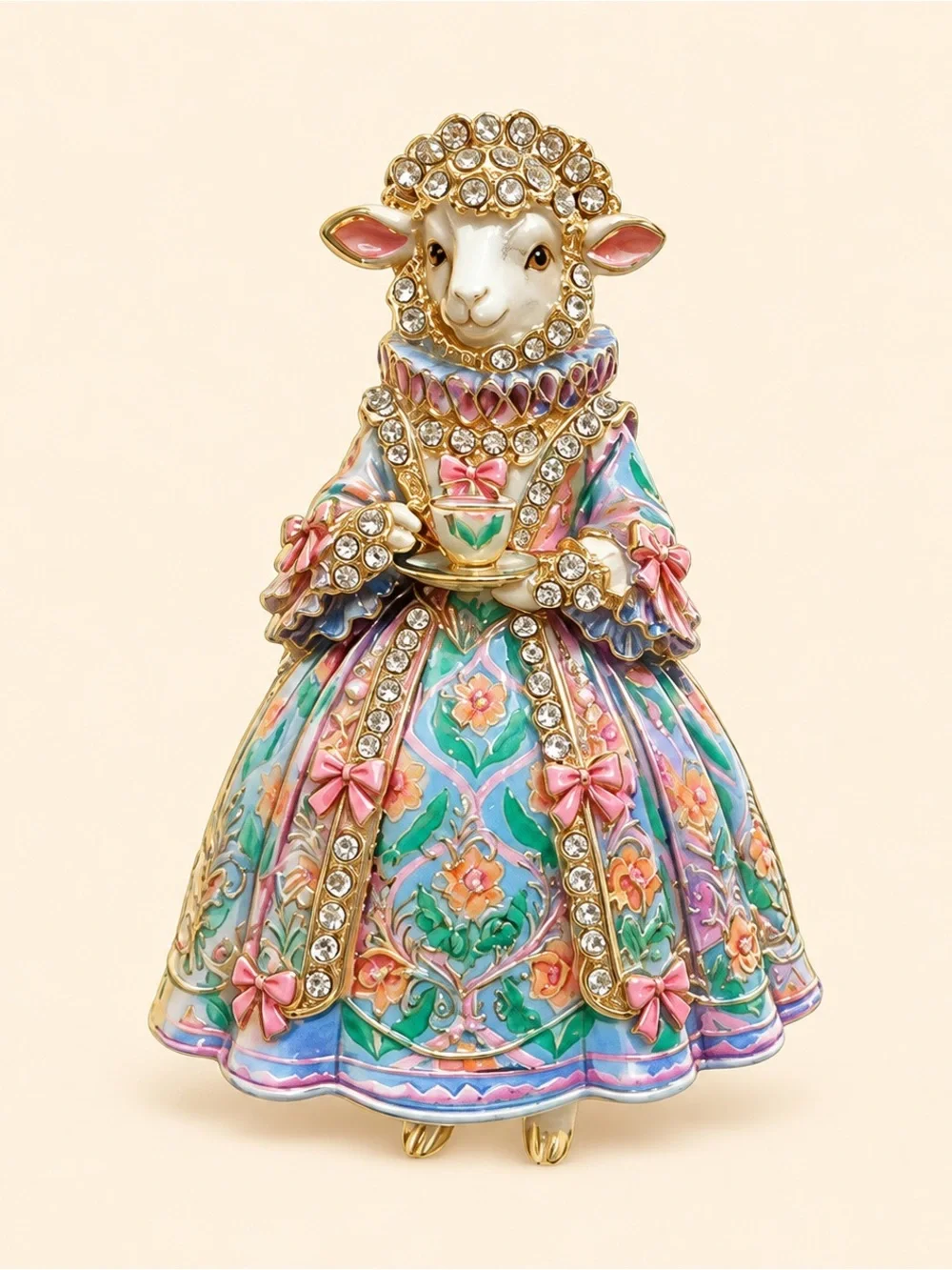 Victorian Sheep Lady Floral TeaLover Brooch